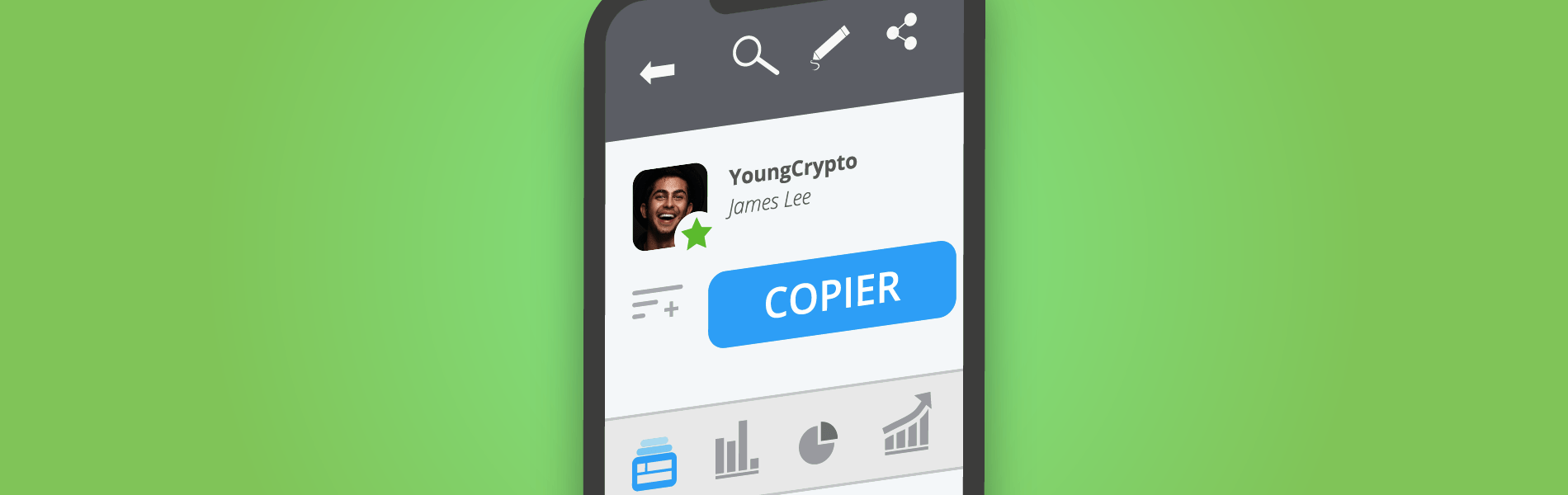 Capture d’écran d’un smartphone de la fonction Copytrading d’eToro. Exemple de niveau de risque d’un Copytrader.