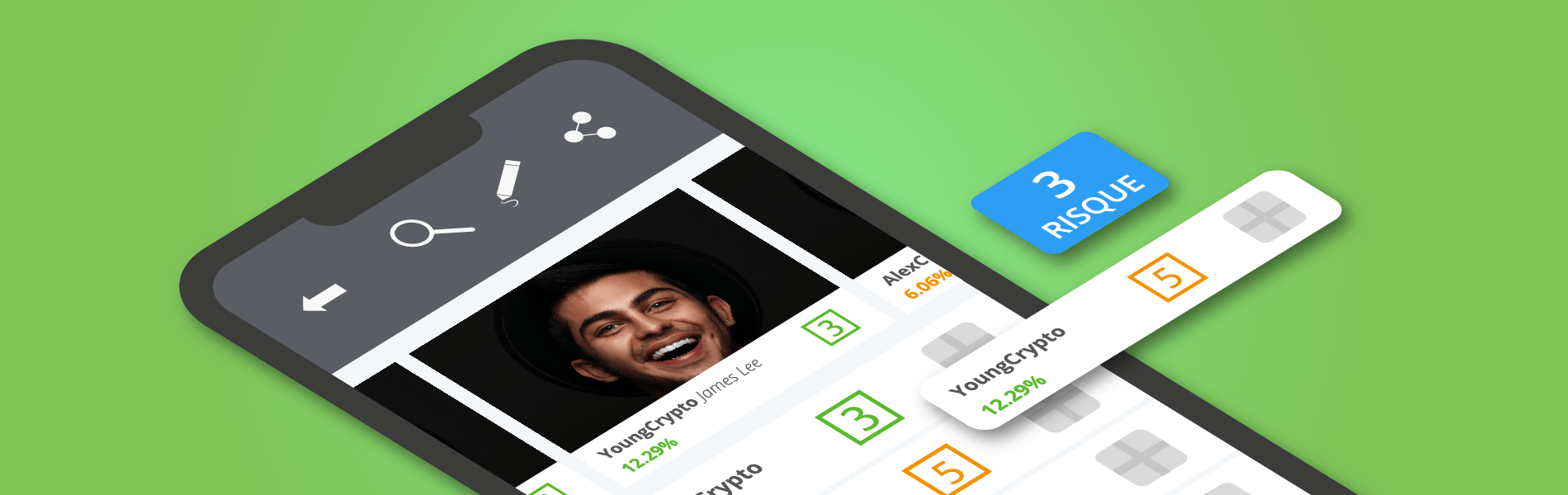 Capture d’écran d’un smartphone. Etape “Copier” de la fonction Copytrading d’eToro.