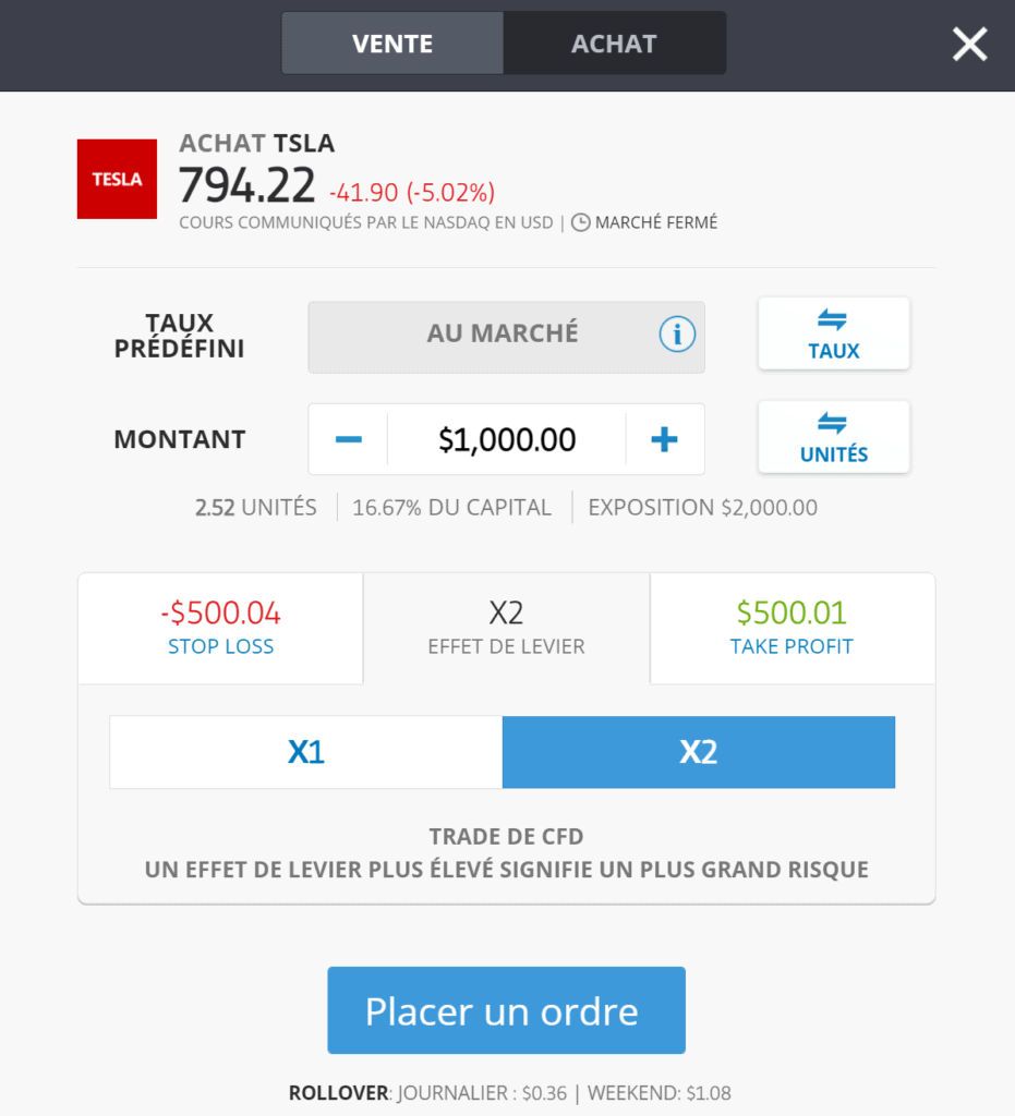 Achat d’un CFD avec un effet de levier X2