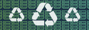 An illustration of multiple hard drives, with three recycling symbols superimposed on top.