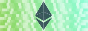 A pixelated green background with the Ethereum symbol superimposed on top.