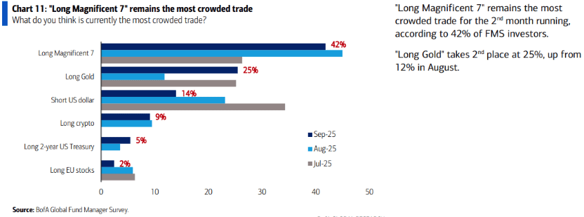 Grafico BofA sui trade più affollati: il 42% degli investitori indica i Magnificent 7 come posizione dominante, il 25% l’oro, il 14% lo short sul dollaro, seguono crypto (9%), Treasury a 2 anni (5%) e azioni europee (2%).